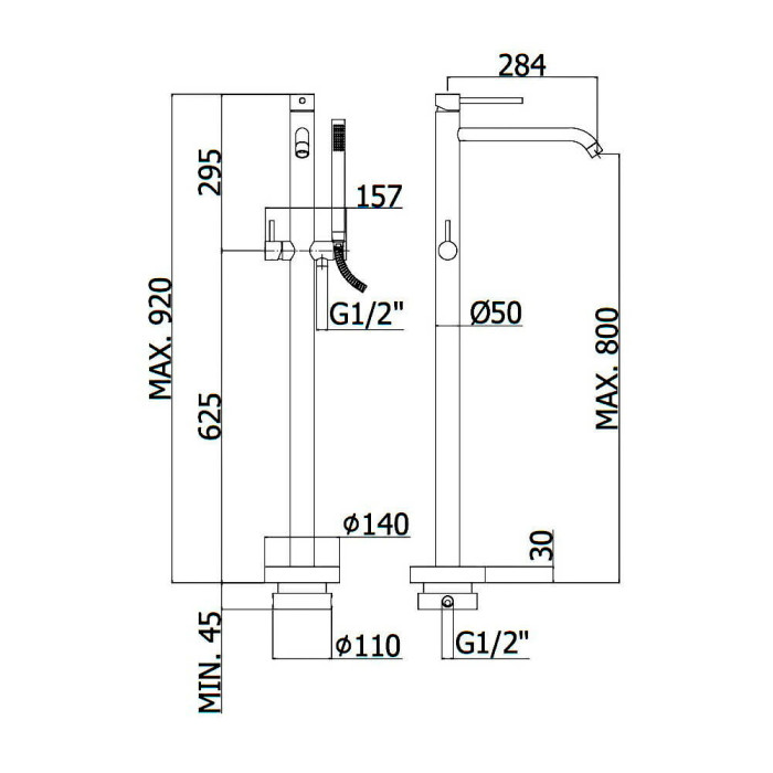 LIG 032 NO LIGHT Змішувач ванни з підлоги, з ручним душем, чорн.мат (1 сорт)