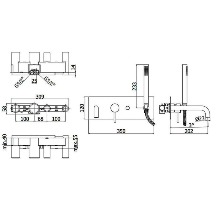 LIG001ST LIGHT Змішувач для ванни з ручним душем,  steel looking (1 сорт)
