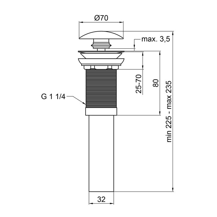 Донний клапан для раковини Qtap PU03 225х70х70 Matt black