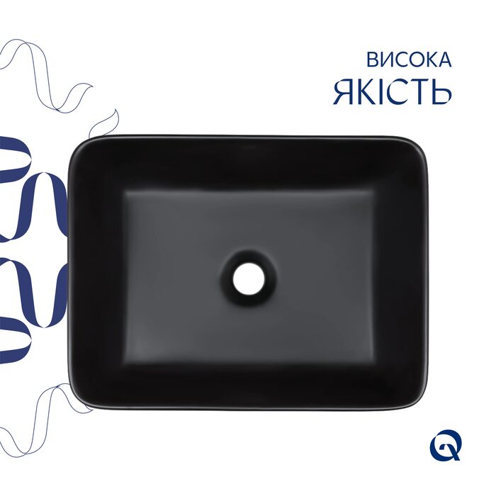 Комплект Qtap Tern: Раковина накладна прамокутна 480х370х135 мм Matt Black + Донний клапан PU03