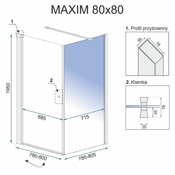 душова кабіна Rea Maxim 80x80 безпечне скло, прозоре, права (REA-K0268)