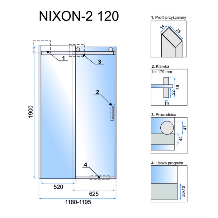 душова двері Rea Nixon-2 120x190 безпечне скло, прозоре, права (REA-K5003)