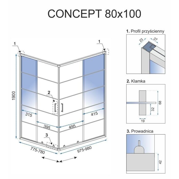 душова кабіна Rea Concept Black 80x100 скло прозоре (REA-K6389)