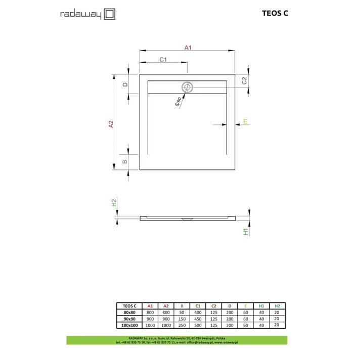 Душовий піддон Teos C 90x90 см Cemento, RADAWAY