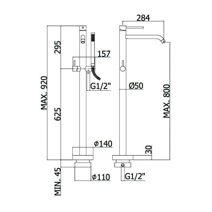 LIG 032 NO LIGHT Змішувач ванни з підлоги, з ручним душем, чорн.мат (1 сорт)
