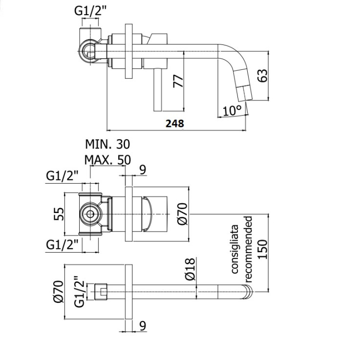 LIG007CR70 LIGHT Змішувач раковини, вилив 245 (248)мм, хром (1 сорт)