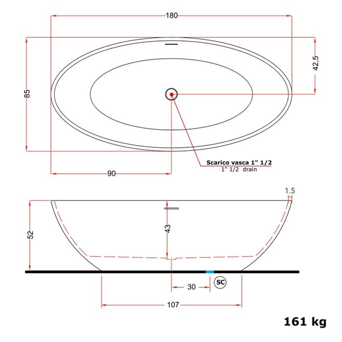 V308BO/V3080XBO800S CAREZZA Ванна зі штучного каменю 180 x 85 x 52h, білий матовий (1 сорт)