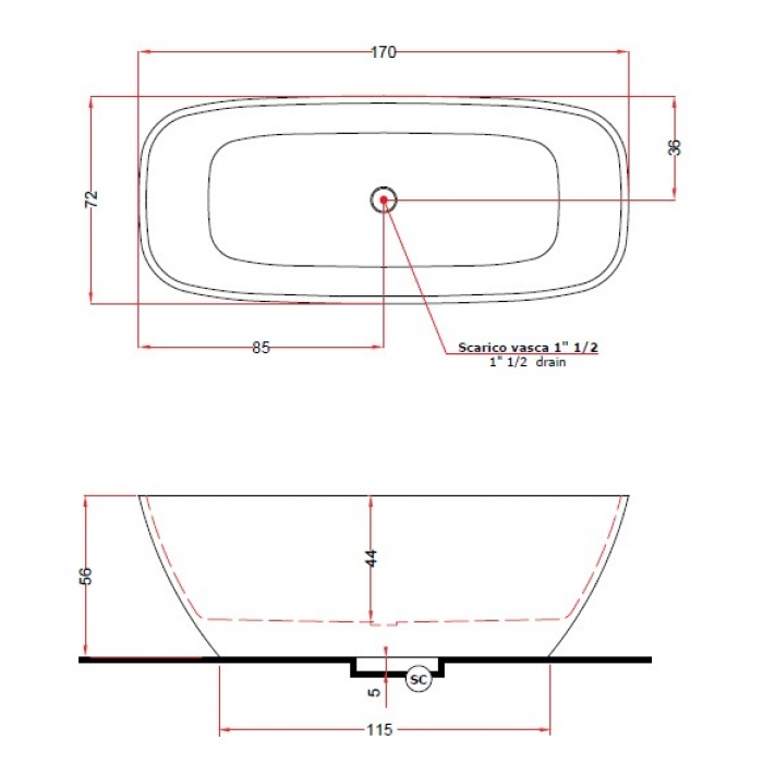 V297BO/V2970XBO800S BRIO Ванна   із штучного каменю 170 x 72 x 55h, тонкий борт,білий матовий (1 сорт)