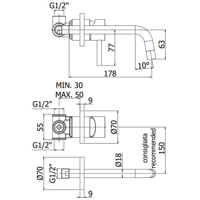 LIG006ST70 LIGHT Змішувач раковини, вилив 175 мм, сталь (1 сорт)