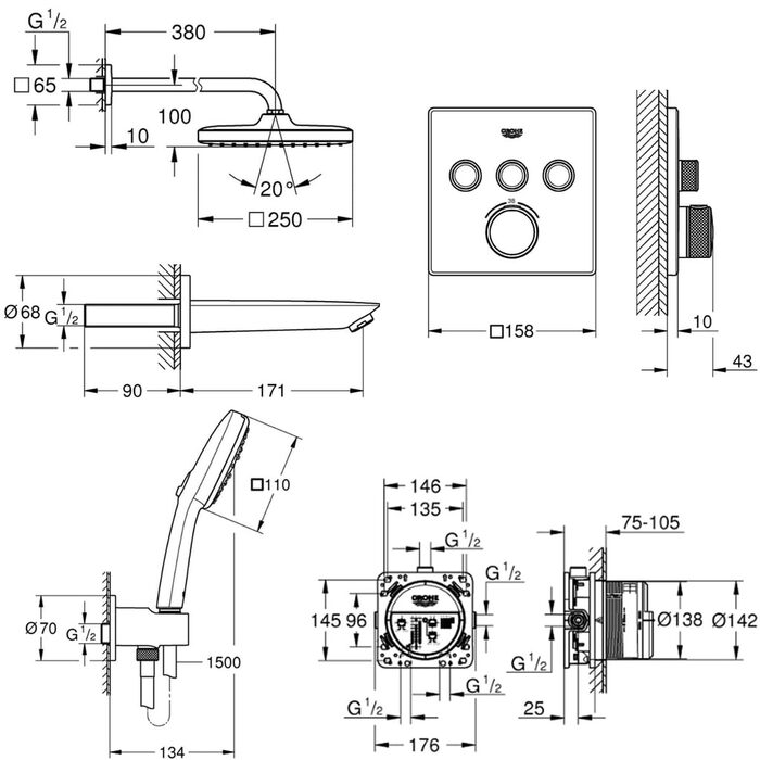 UA26415SC6  Grohtherm SmartControl Набір для комплектації душу, 3 споживачі (1 сорт)