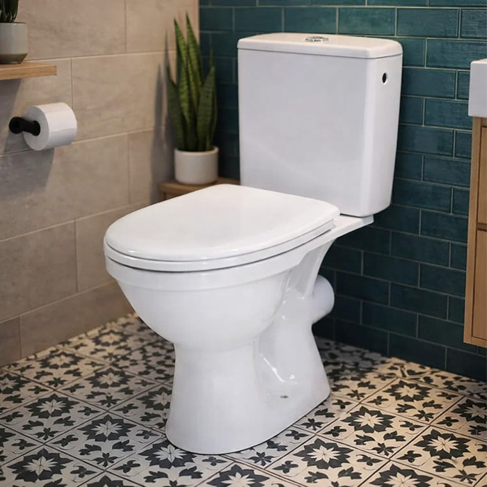 K03-076 Компакт COMPACT 918 MERIDA M010 3/6 TOILET SEAT PP SC UA з поліпропіленовим сидінням з плавним закриванням, горизонтальний випуск, боковий підвід води (1 сорт)