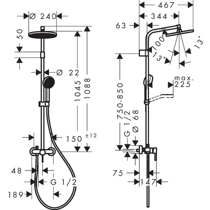 28875000 HG Activera S Душова система Showerpipe 240 1jet EcoSmart з одноважільним змішувачем Varia, хром (1 сорт)