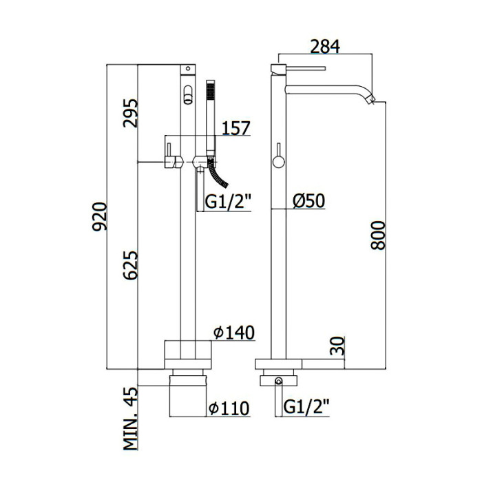 LIG032CR LIGHT Змішувач для ванни з підлоги з внутрішньою частиною, з ручним душем, хром (1 сорт)