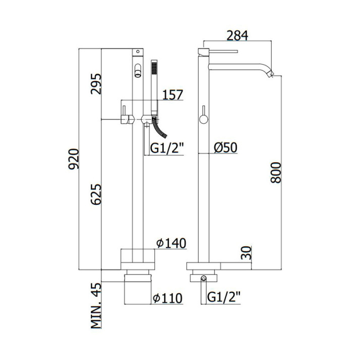 LIG032ST LIGHT Змішувач для ванни з підлоги з внутрішньою частиною, з ручним душем, сталь (1 сорт)