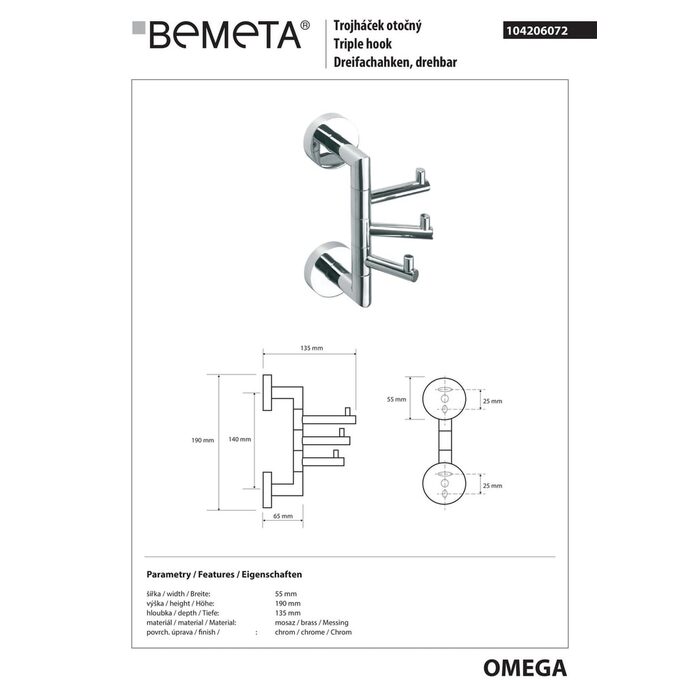 104206072 Omega Гачок потрійний поворотний, Bemeta