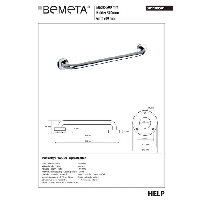 Поручень 50 см Help (301100501), Bemeta