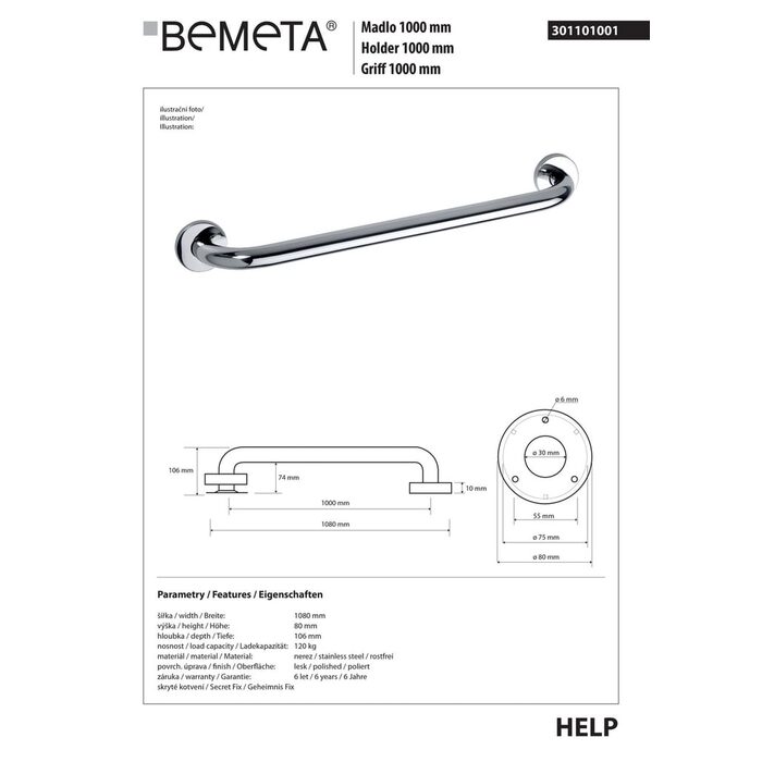 Поручень 100 см Help (301101001), Bemeta