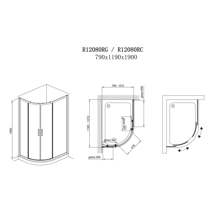 R12080RG Душова кабіна ROUND напівкругла 1200x800x1900 мм скло grape (2 частини)