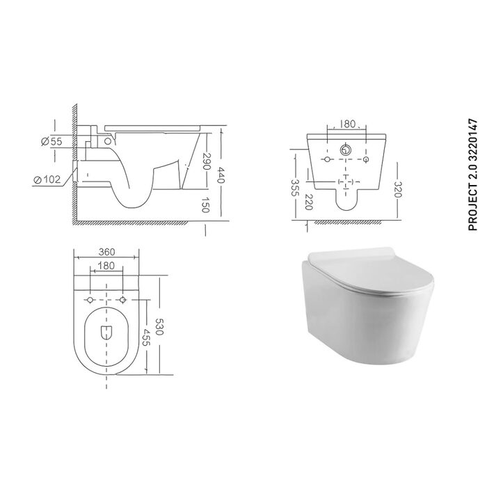 3220147 Project 2.0 Унітаз  підвісний + кришка softclose Clean Pro (1 сорт)