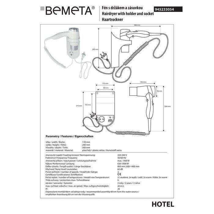 945233054 HOTEL Фен з тримачем на стіну 1400W  , Bemeta Чехія