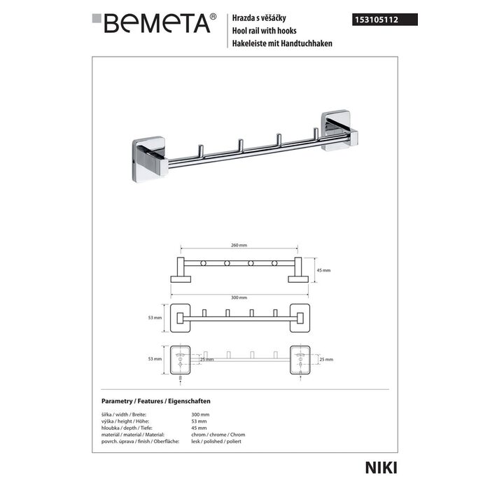 Планка з гачками Niki (153105112), Bemeta