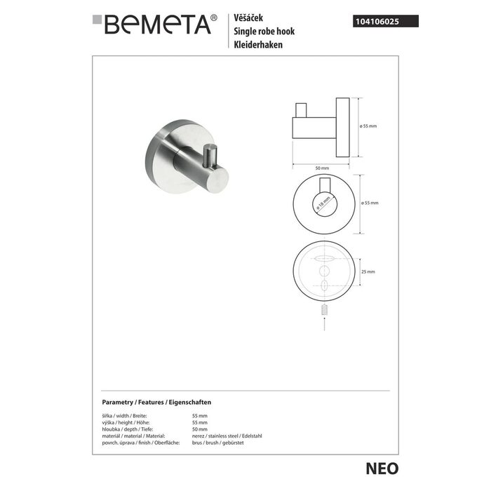 104106025 NEO: гачок,нерж Bemeta Чехія