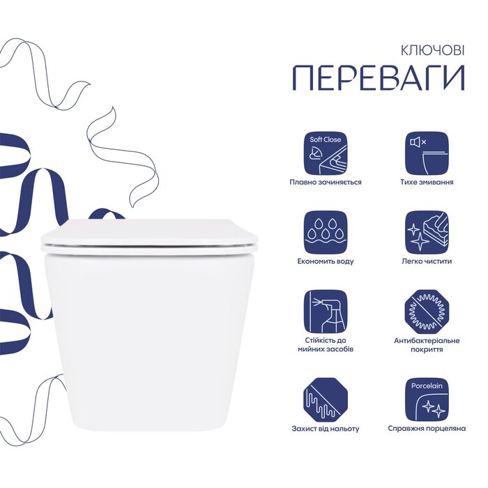 Унітаз підвісний Crow Rimless 485х340х330 мм, White, з сидінням Slim Duroplast/ Soft-close/ Quick Release QT05335171RW Qtap