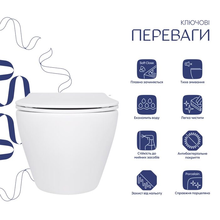 Унітаз підвісний Jay Rimless 485×360×320 мм, White, з сидінням Slim Duroplast/ Soft-close/ Quick Relase QT07335177RW Qtap