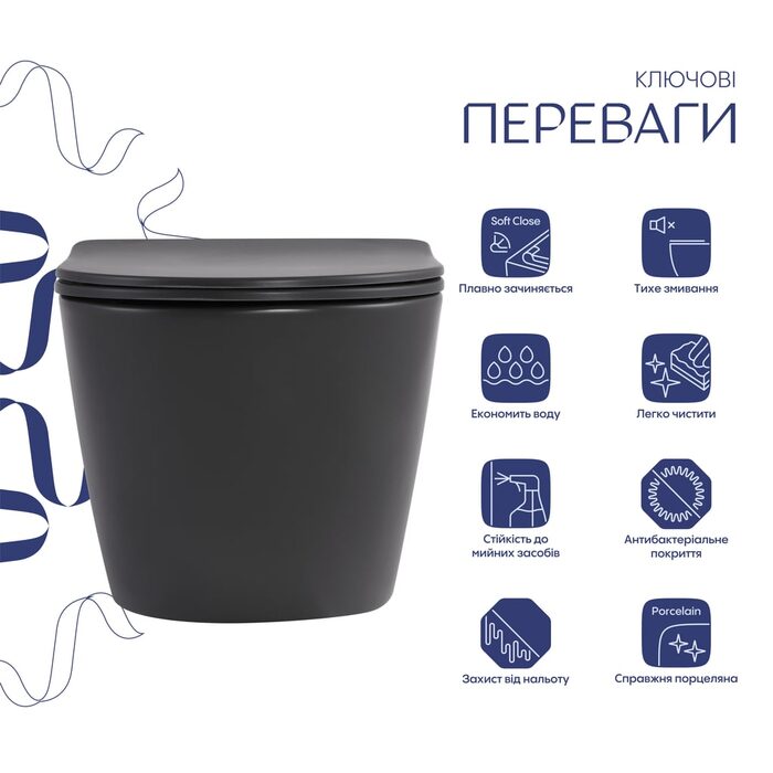 Унітаз підвісний Robin Ultra Quiet 490×365×325 мм, Anthracite, з сидінням Slim Duroplast / Soft-close / Quick Release QT13332381АSAN Qtap