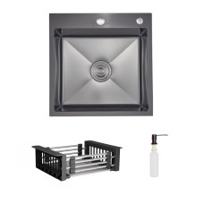 Комплект Lidz Handmade H5050HB Мийка для кухні інтегрована Decor Black PVD Honeycomb у комплекті з дозатором + Lidz LIDZK01B Корзина для кухонної мийки