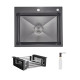 Комплект Lidz Handmade H6050HB Мийка для кухні інтегрована Decor Black PVD Honeycomb у комплекті з дозатором + LIDZK01B Корзина для кухонної мийки