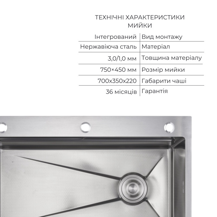 Комплект Lidz Handmade H7545 Мийка для кухні інтегрована Decor Honeycomb LDH7545DEC48372 + Lidz (BLA) Подрібнювач для кухонного миття