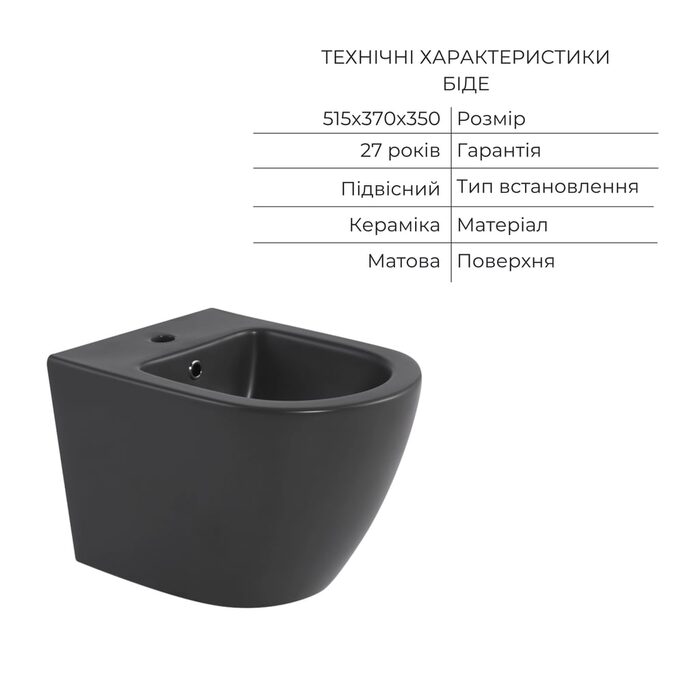 Комплект Qtap Robin Anthracite 3 в 1: підвісний унітаз Ultra Quiet + біде підвісне + раковина накладна QTROBAN49157