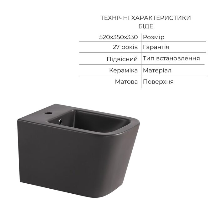 Комплект Qtap Tern Anthracite 3 в 1: підвісний унітаз Ultra Quiet + біде підвісне + раковина накладна QTROBAN49157