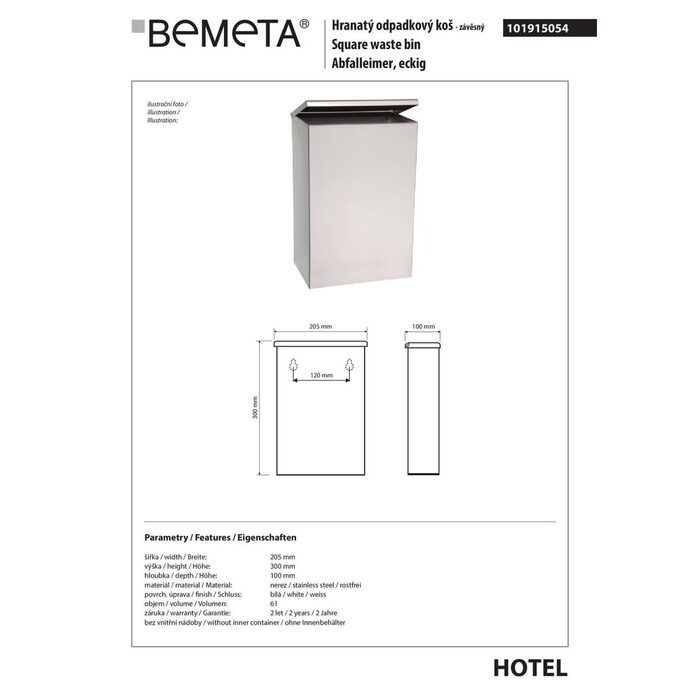 Відро для сміття підвісне 3 л Hotel (101915054), Bemeta