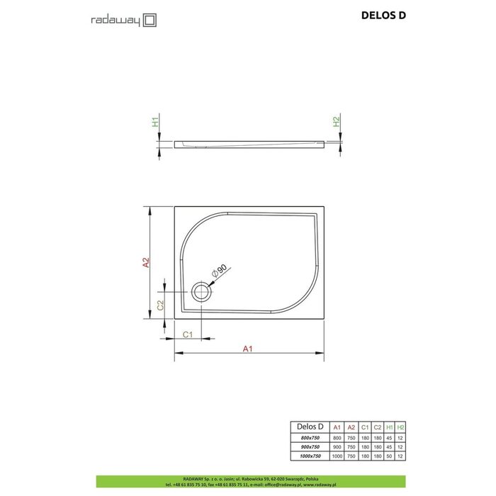 Душовий піддон Delos D 100x75 см, RADAWAY