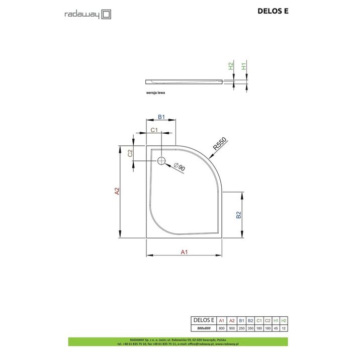 Душовий піддон Delos E 90x80 см правий, RADAWAY