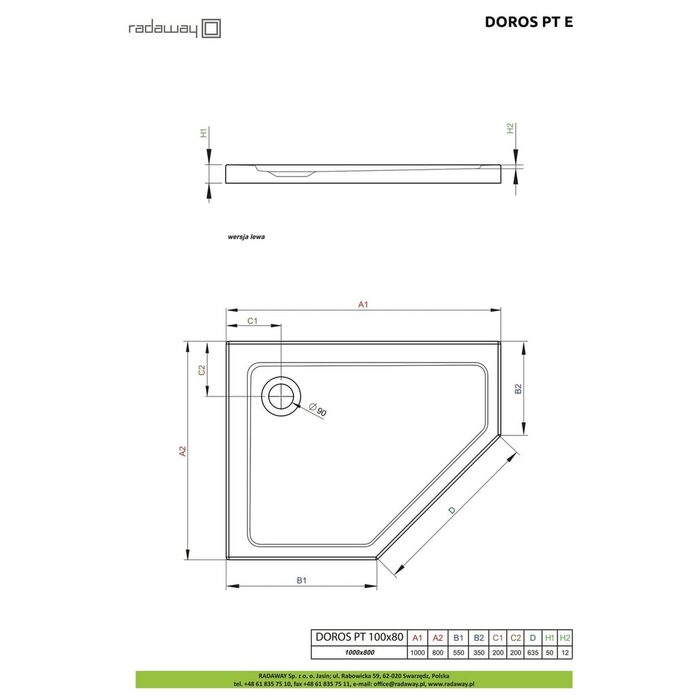Душовий піддон Doros PT E 100x80 см правий, RADAWAY