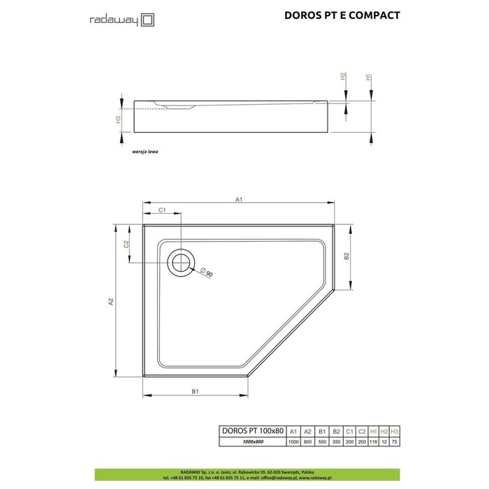 Душовий піддон Doros PT E Compact 100x80 см правий, RADAWAY