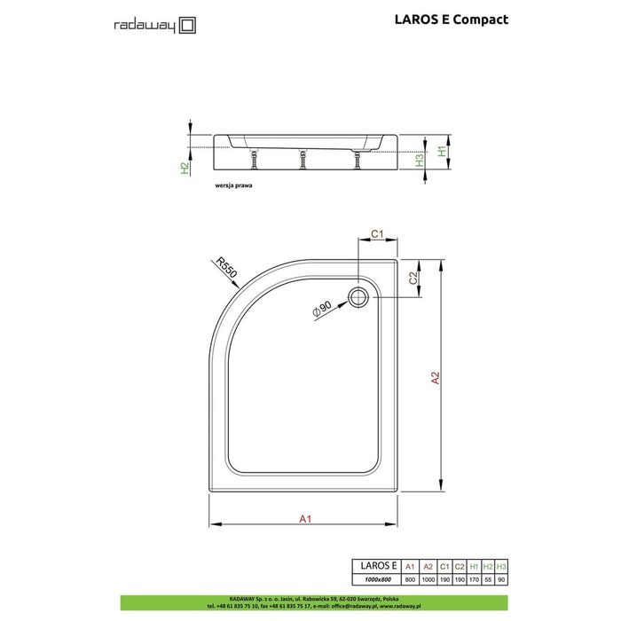 Душовий піддон Laros E Compact 100x80 см правий, RADAWAY