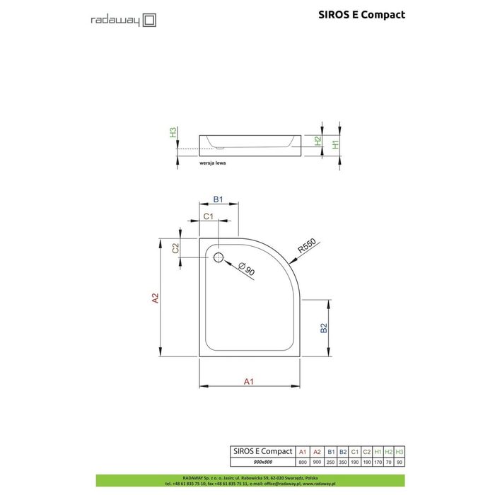 Душовий піддон Siros E Compact 90x80 см лівий, RADAWAY