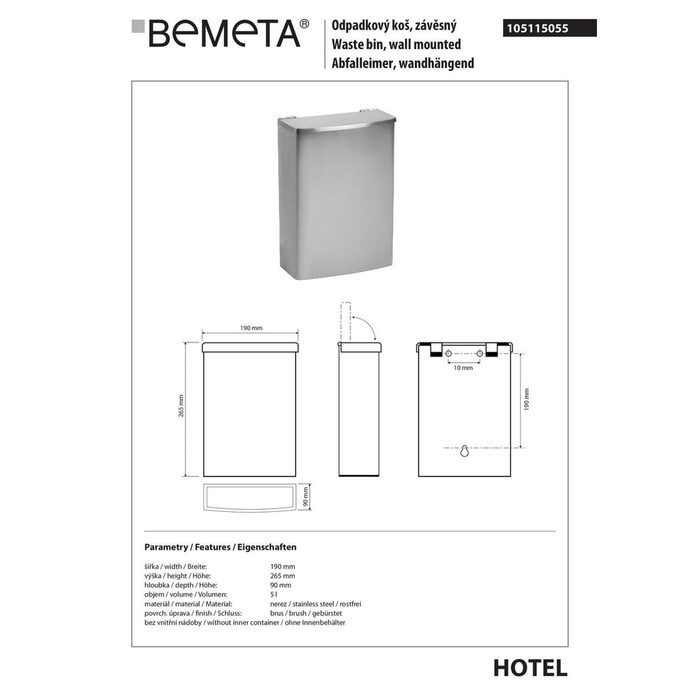 Відро для сміття підвісне 5 л Hotel (105115055), Bemeta