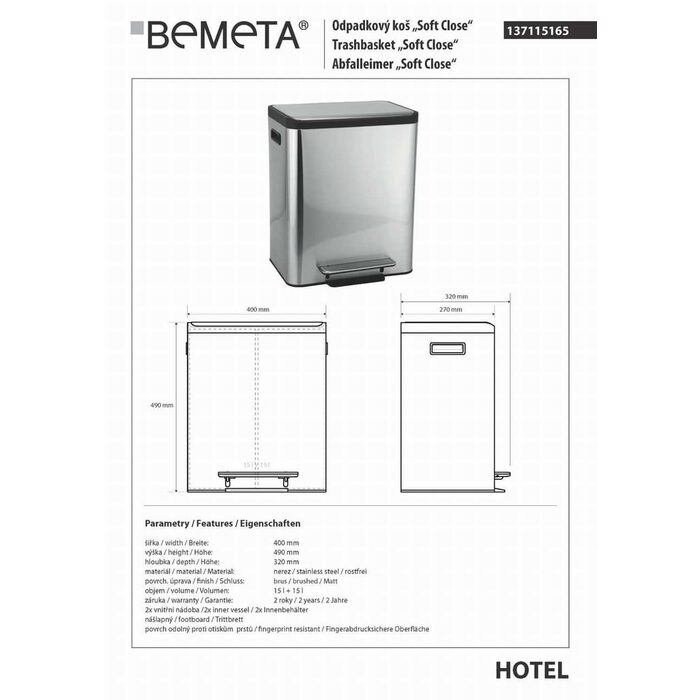 Відро для сміття 5 л Hotel (137115165), Bemeta