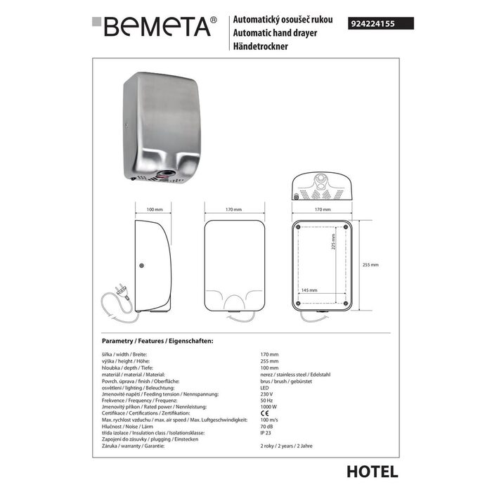 924224155 Hotel Сушка для рук хром мат Bemeta Чехія
