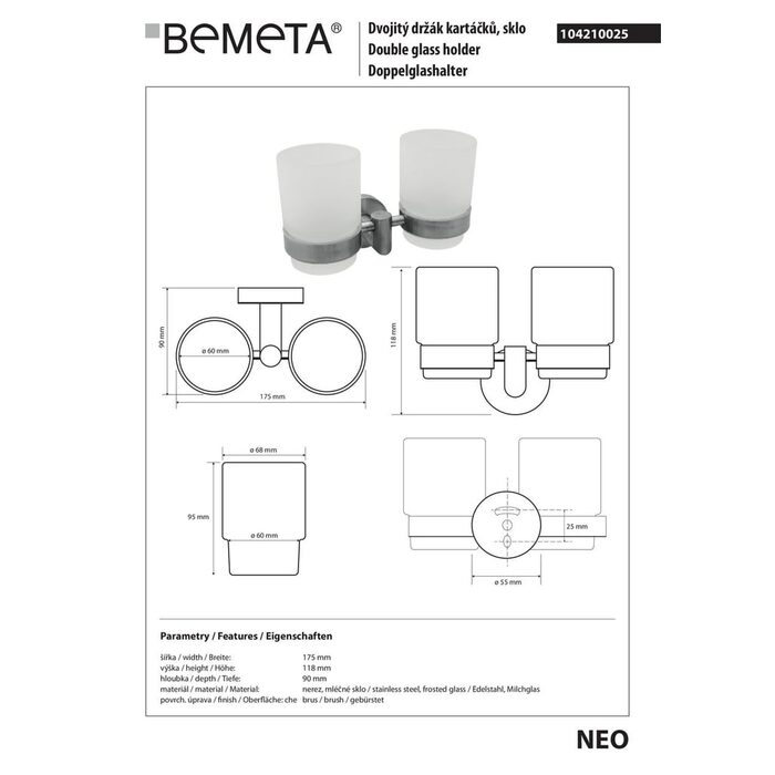Стакан з подвійним тримачем Neo (104210025), Bemeta