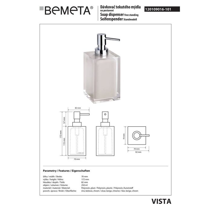 Дозатор для рідкого мила Vista (120109016-101), Bemeta