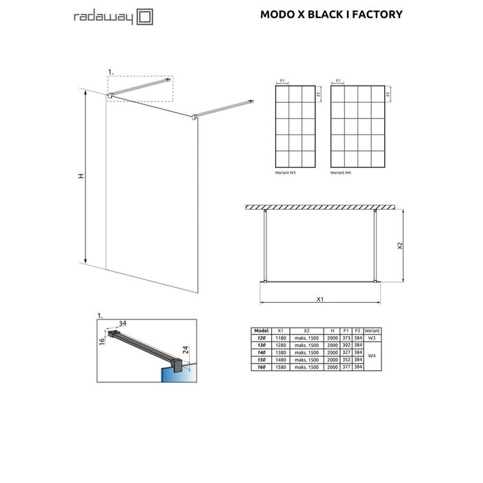 Душова стінка Modo X Black I 160 Factory RADAWAY