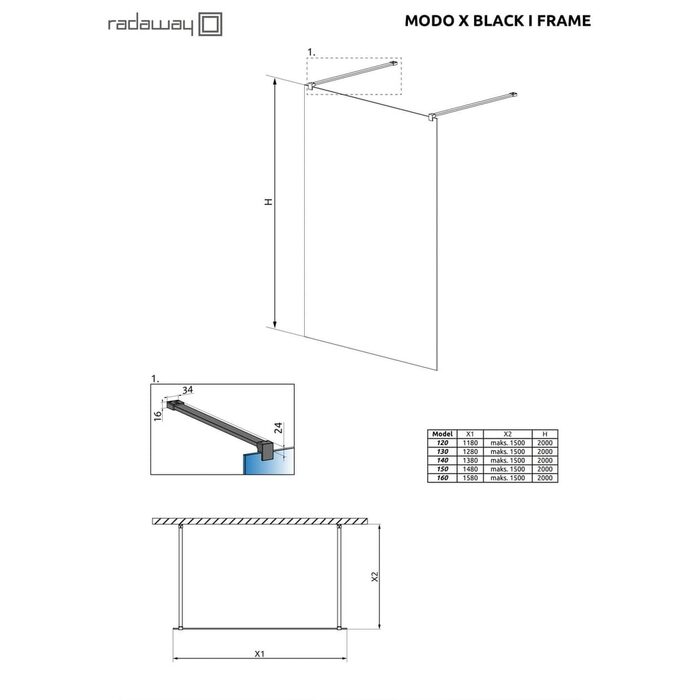 Душова стінка Modo X Black I 140 Frame RADAWAY