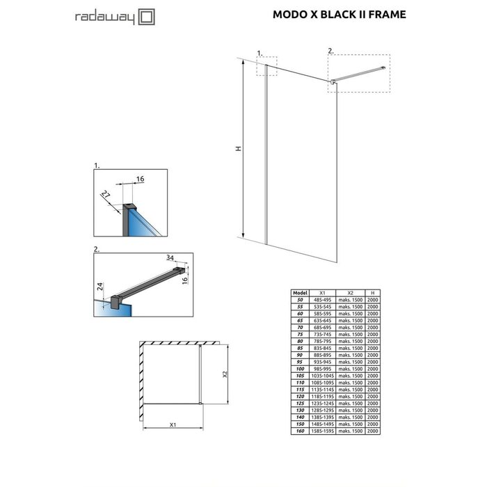 Душова стінка Modo X Black II 150 Frame RADAWAY