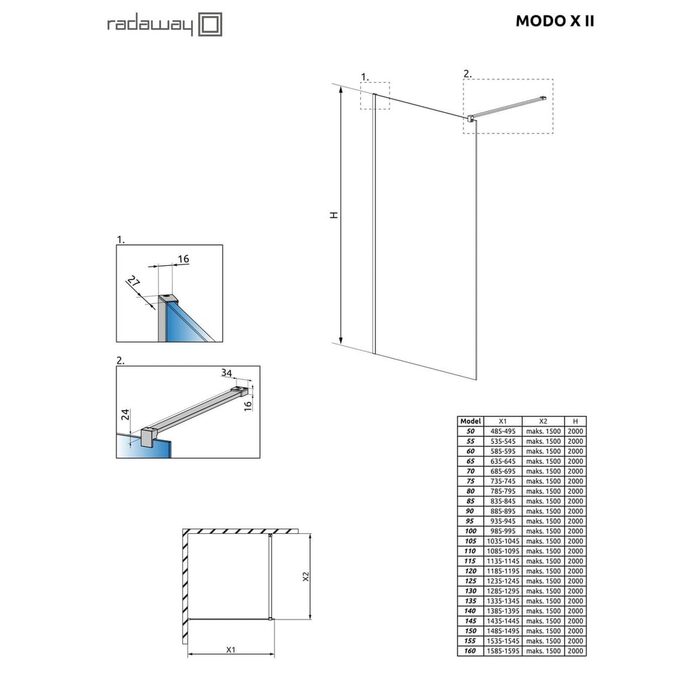 Душова стінка Modo X II 300-1000x1500-2000 RADAWAY